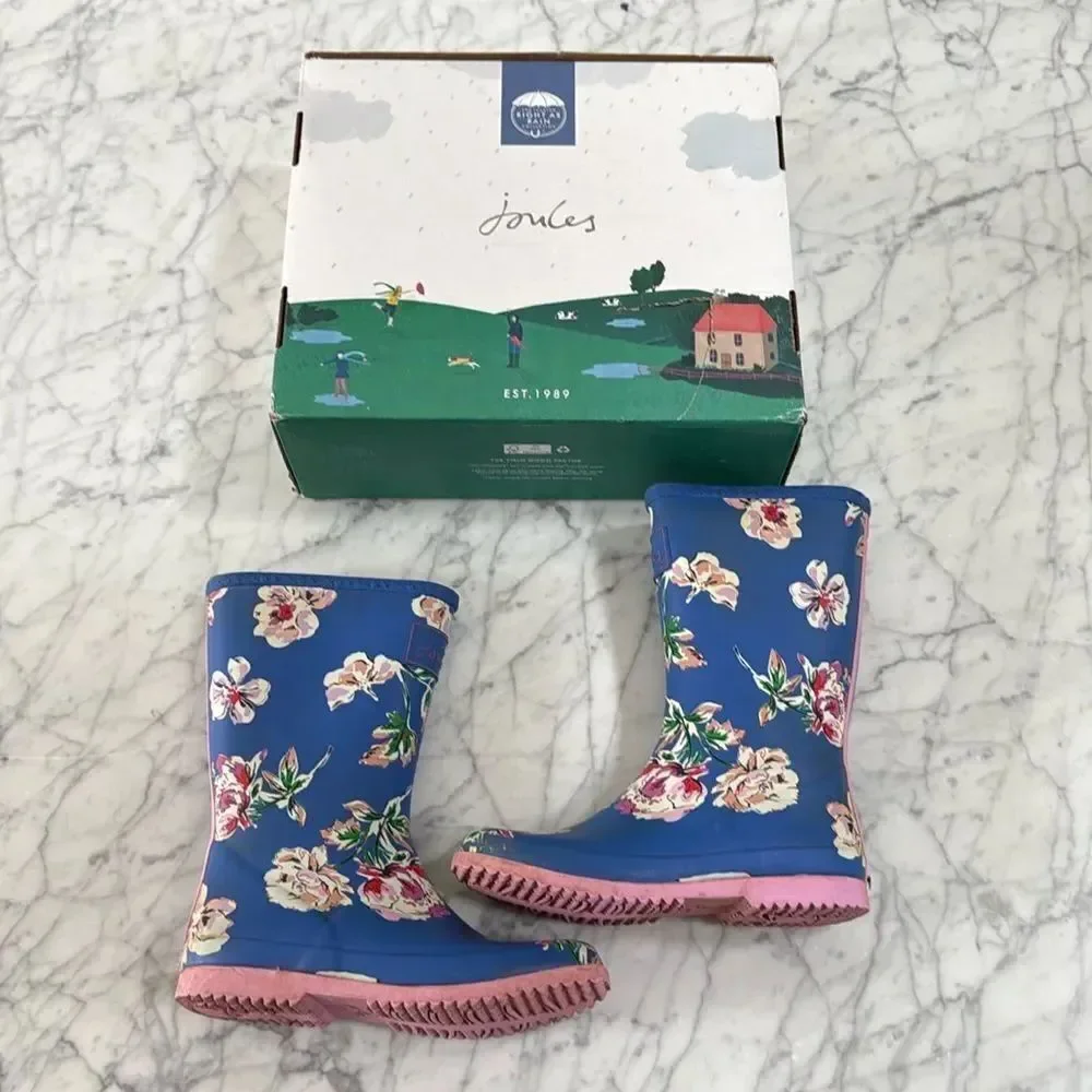 Joules Roll Up Blue Floral Wellingtons Rain boots Sz 3 Junior